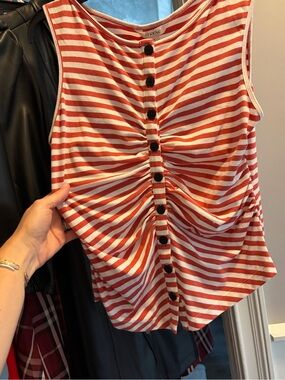 Maeve Red & White Striped Ruched Button-Front Tank